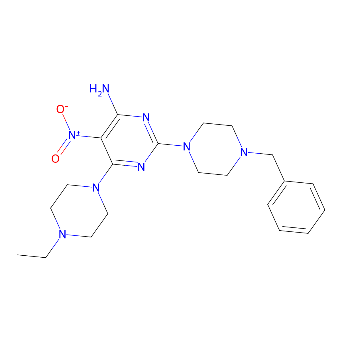 2-(4-Benzylpiperazin-1-yl)-6-(4-ethylpiperazin-1-yl)-5-nitropyrimidin-4-amine molecular structure, CAS 587000-88-2