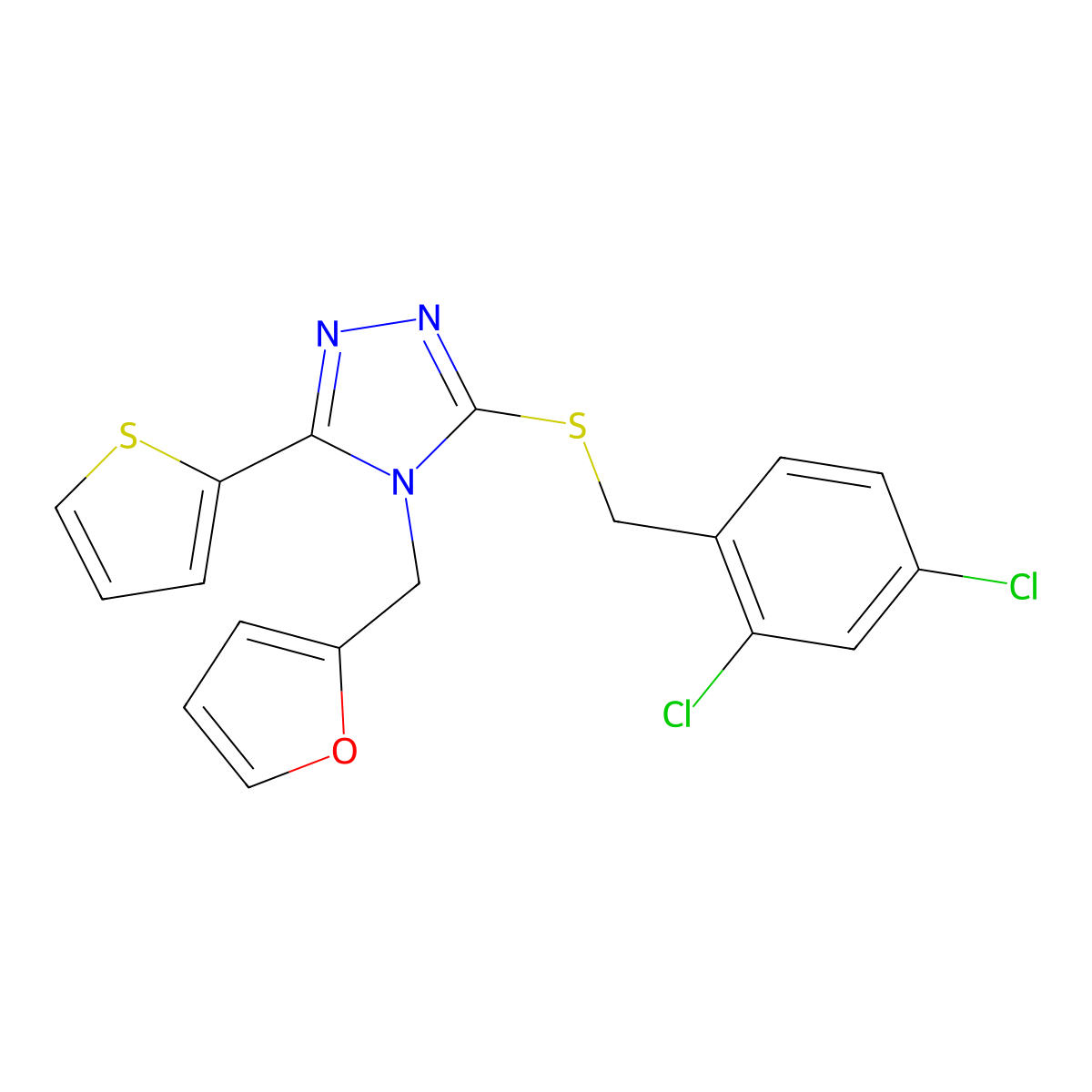 3-[(2,4-dichlorobenzyl)sulfanyl]-4-(furan-2-ylmethyl)-5-(thiophen-2-yl)-4H-1,2,4-triazole molecular structure, CAS 587001-14-7