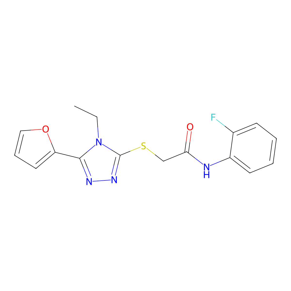 2-((4-Ethyl-5-(2-furyl)-4H-1,2,4-triazol-3-YL)thio)-N-(2-fluorophenyl)acetamide molecular structure, CAS 587001-66-9