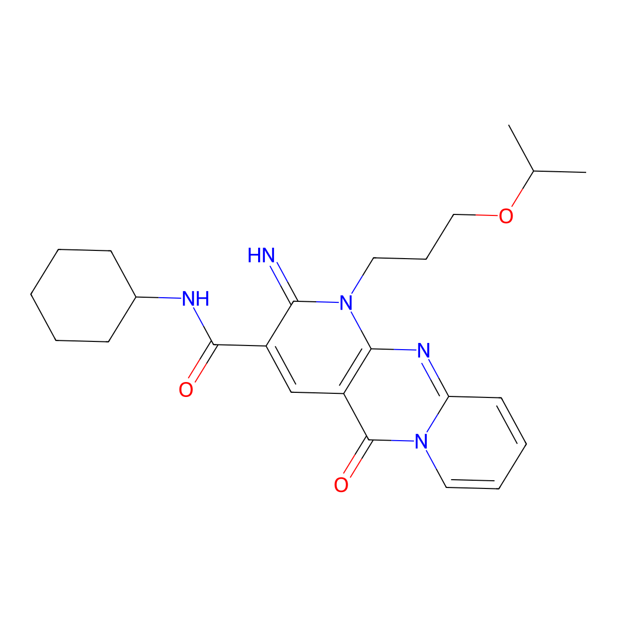 N~3~-cyclohexyl-2-imino-1-(3-isopropoxypropyl)-5-oxo-1,5-dihydro-2H-dipyrido[1,2-a:2,3-d]pyrimidine-3-carboxamide molecular structure, CAS 587001-67-0