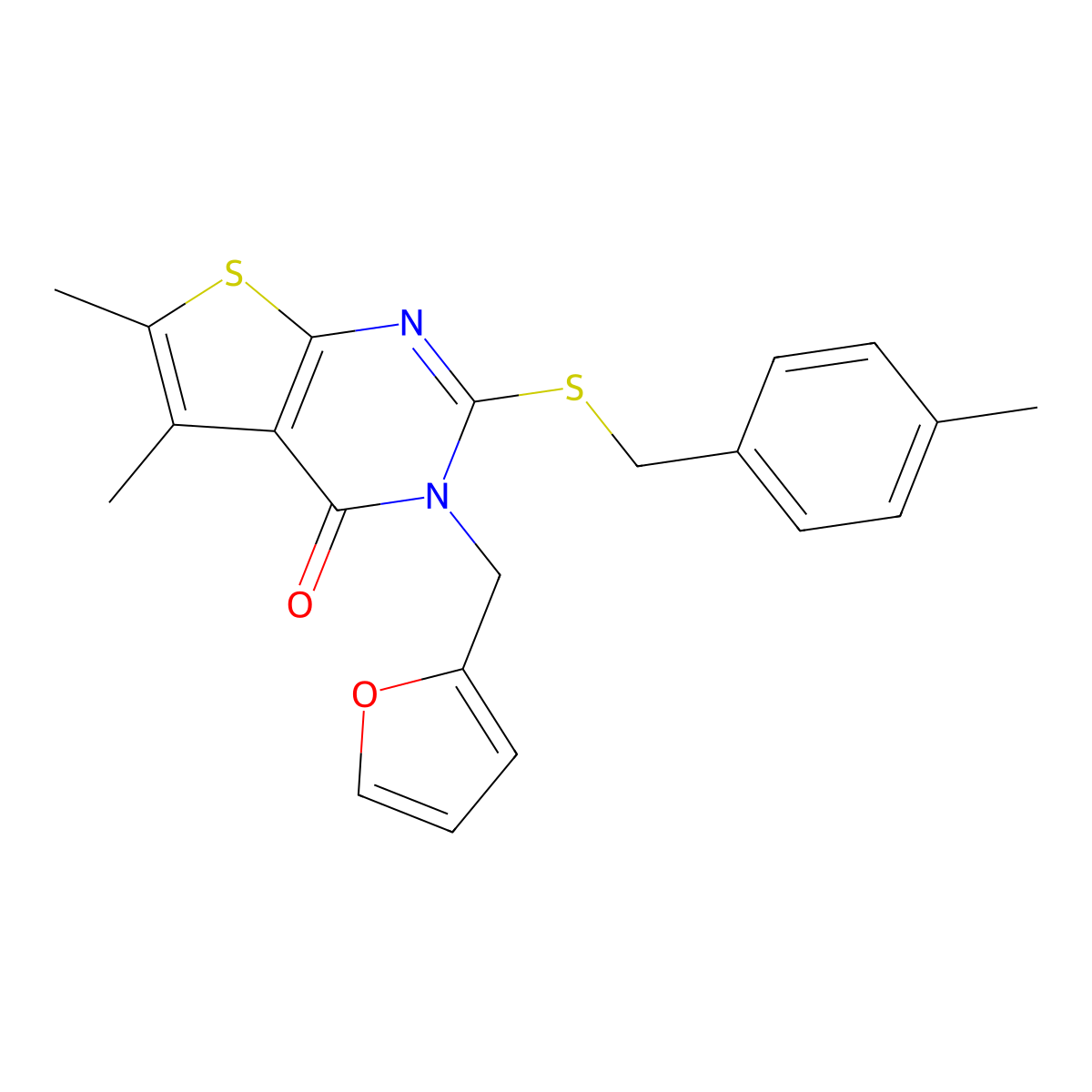 3-(Furan-2-ylmethyl)-5,6-dimethyl-2-[(4-methylphenyl)methylsulfanyl]thieno[2,3-d]pyrimidin-4-one molecular structure, CAS 587001-74-9