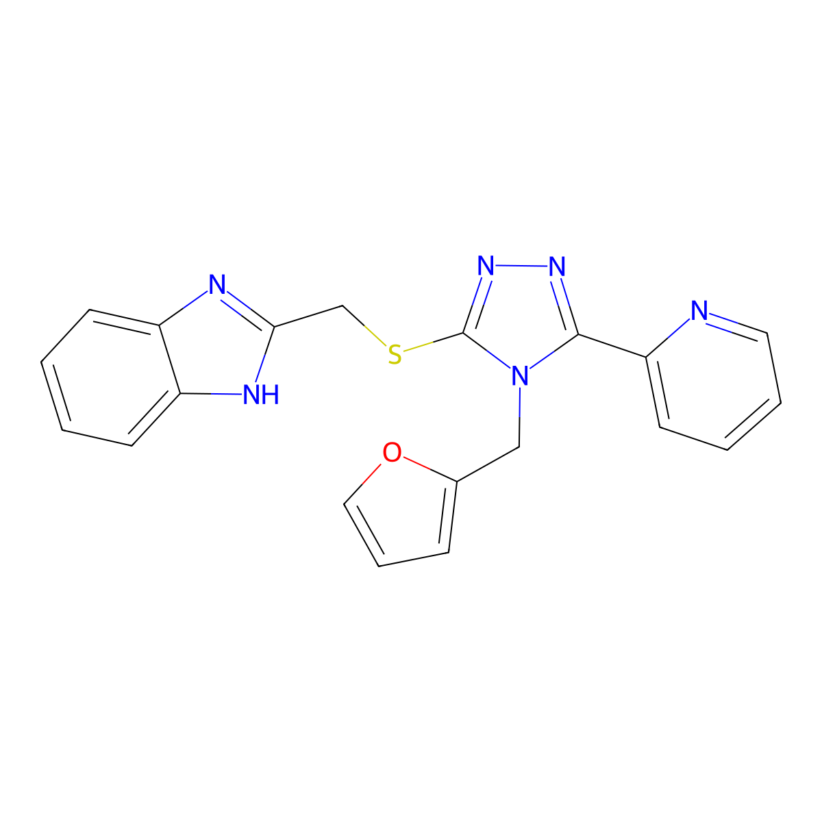 2-({[4-(furan-2-ylmethyl)-5-(pyridin-2-yl)-4H-1,2,4-triazol-3-yl]sulfanyl}methyl)-1H-benzimidazole molecular structure, CAS 587001-96-5