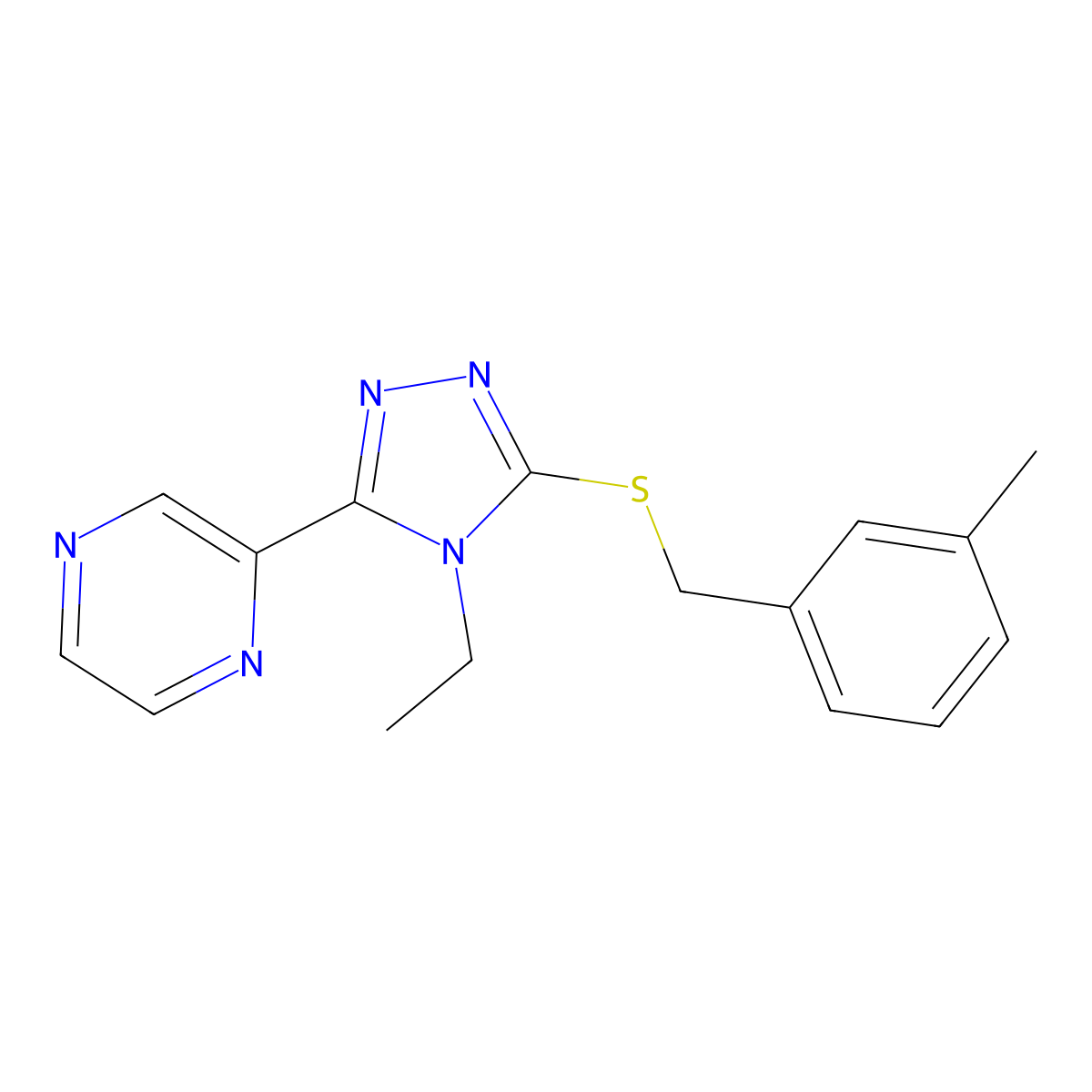 4-Ethyl-3-[(3-methylphenyl)methylthio]-5-pyrazin-2-yl-1,2,4-triazole molecular structure, CAS 587002-33-3