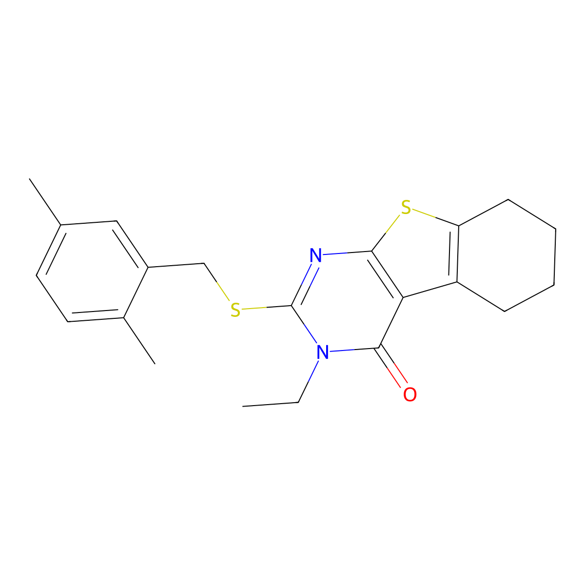 2-[(2,5-Dimethylbenzyl)sulfanyl]-3-ethyl-5,6,7,8-tetrahydro[1]benzothieno[2,3-D]pyrimidin-4(3H)-one molecular structure, CAS 587002-88-8