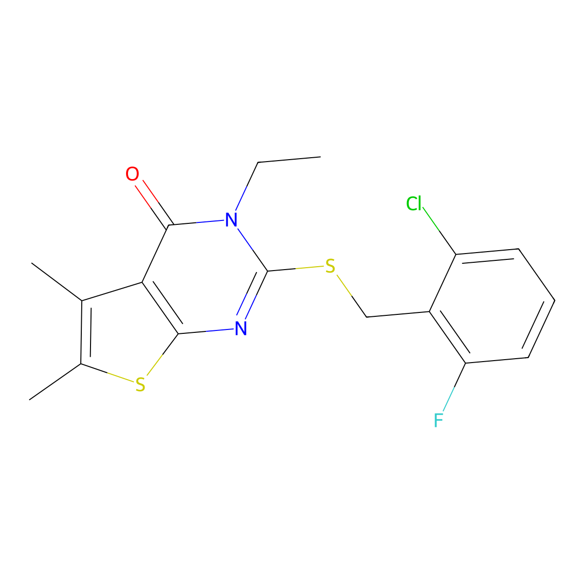 2-((2-CL-6-Fluorobenzyl)thio)-3-ET-5,6-dimethylthieno(2,3-D)pyrimidin-4(3H)-one molecular structure, CAS 587003-03-0