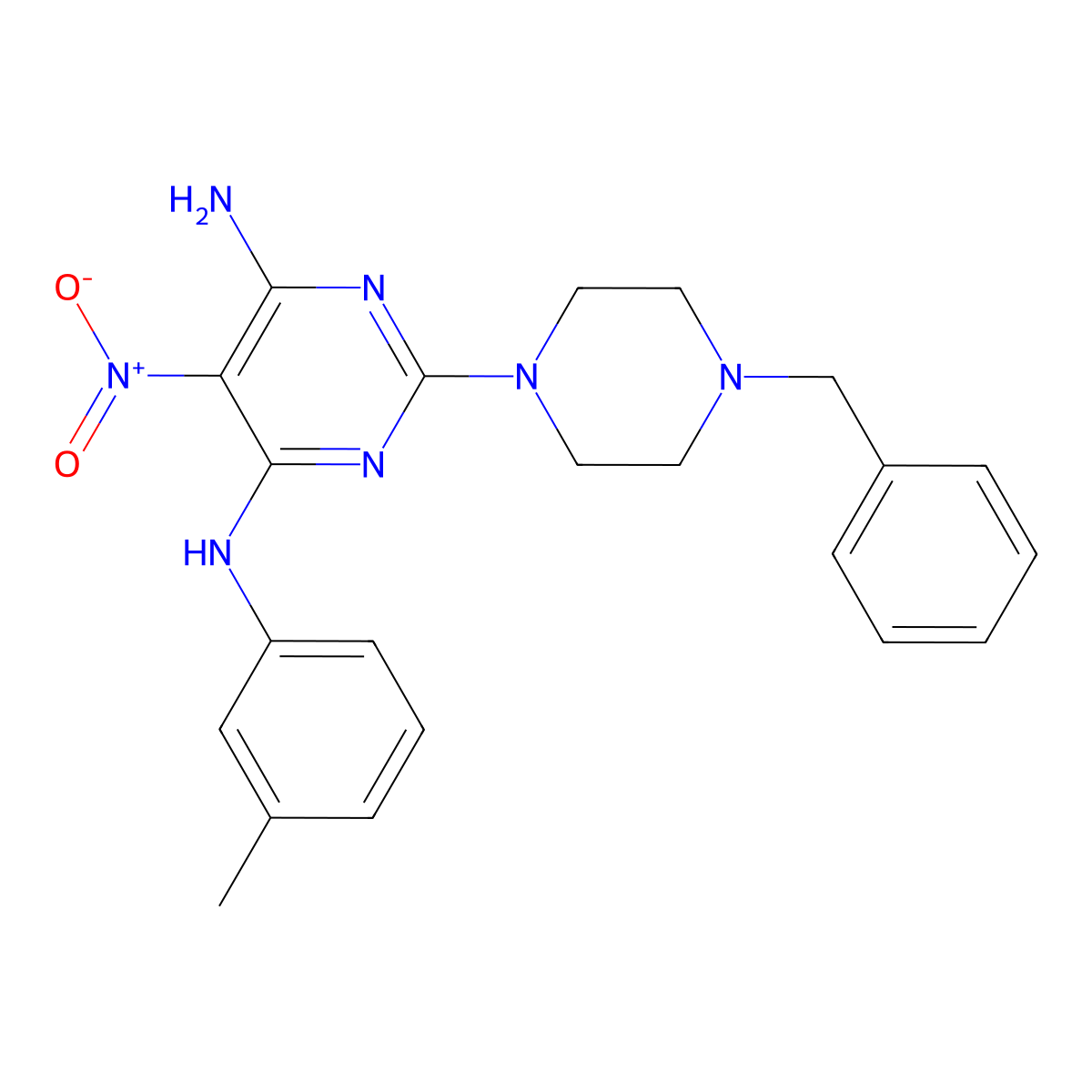 2-(4-benzylpiperazin-1-yl)-5-nitro-N4-(m-tolyl)pyrimidine-4,6-diamine molecular structure, CAS 587003-32-5