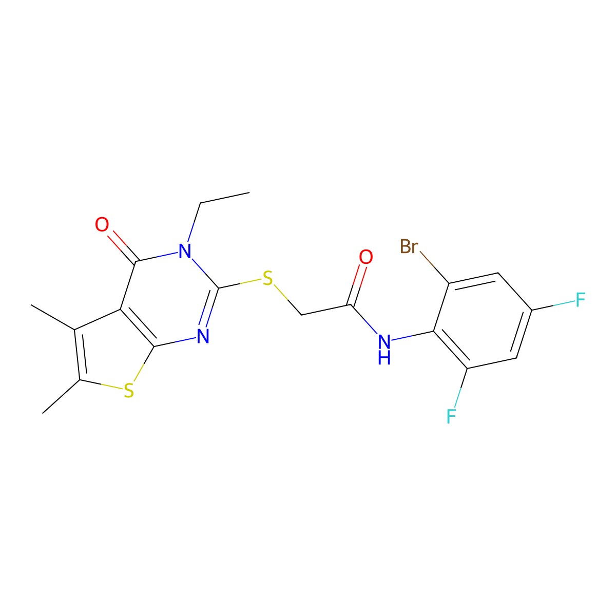 N-(2-Bromo-4,6-difluorophenyl)-2-((3-ethyl-5,6-dimethyl-4-oxo-3,4-dihydrothieno(2,3-D)pyrimidin-2-YL)sulfanyl)acetamide molecular structure, CAS 587003-80-3