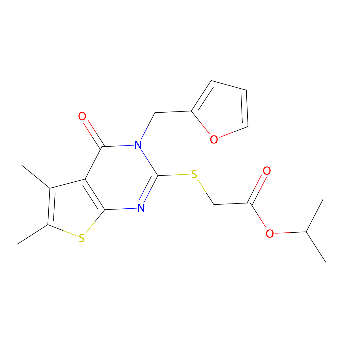Propan-2-yl {[3-(furan-2-ylmethyl)-5,6-dimethyl-4-oxo-3,4-dihydrothieno[2,3-d]pyrimidin-2-yl]sulfanyl}acetate molecular structure, CAS 587004-05-5