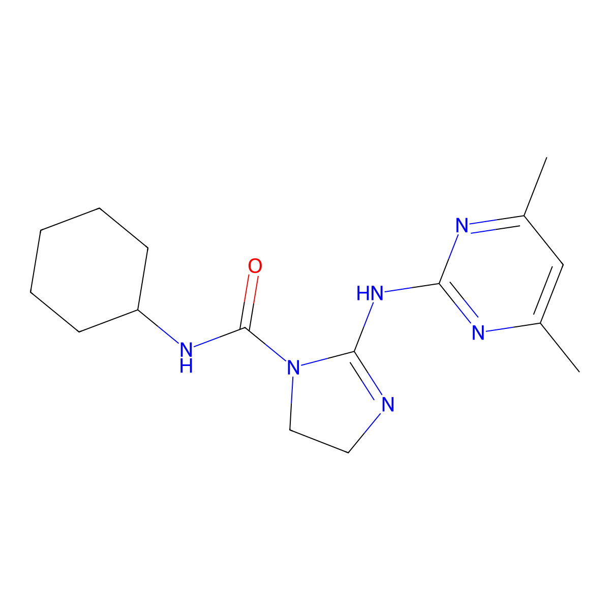 N-cyclohexyl-2-[(4,6-dimethyl-2-pyrimidinyl)amino]-4,5-dihydro-1H-imidazole-1-carboxamide molecular structure, CAS 587005-01-4