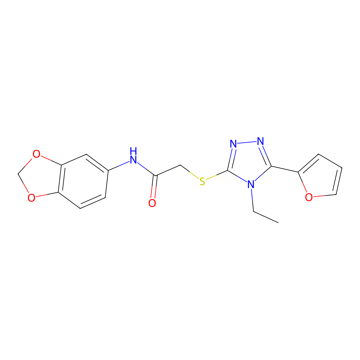 N-(1,3-Benzodioxol-5-YL)-2-((4-ethyl-5-(2-furyl)-4H-1,2,4-triazol-3-YL)sulfanyl)acetamide molecular structure, CAS 587005-13-8