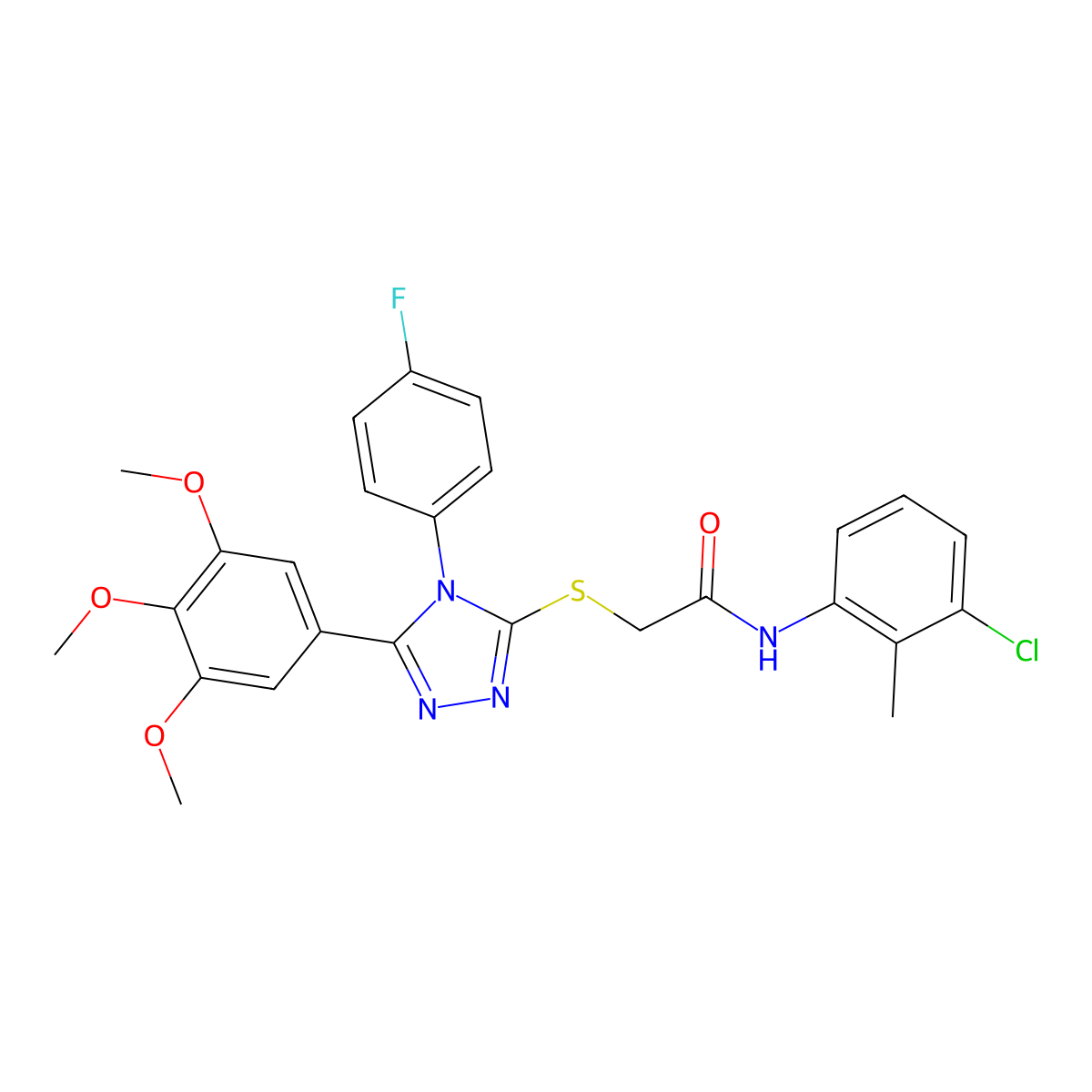 N-(3-chloro-2-methylphenyl)-2-{[4-(4-fluorophenyl)-5-(3,4,5-trimethoxyphenyl)-4H-1,2,4-triazol-3-yl]sulfanyl}acetamide molecular structure, CAS 587005-24-1