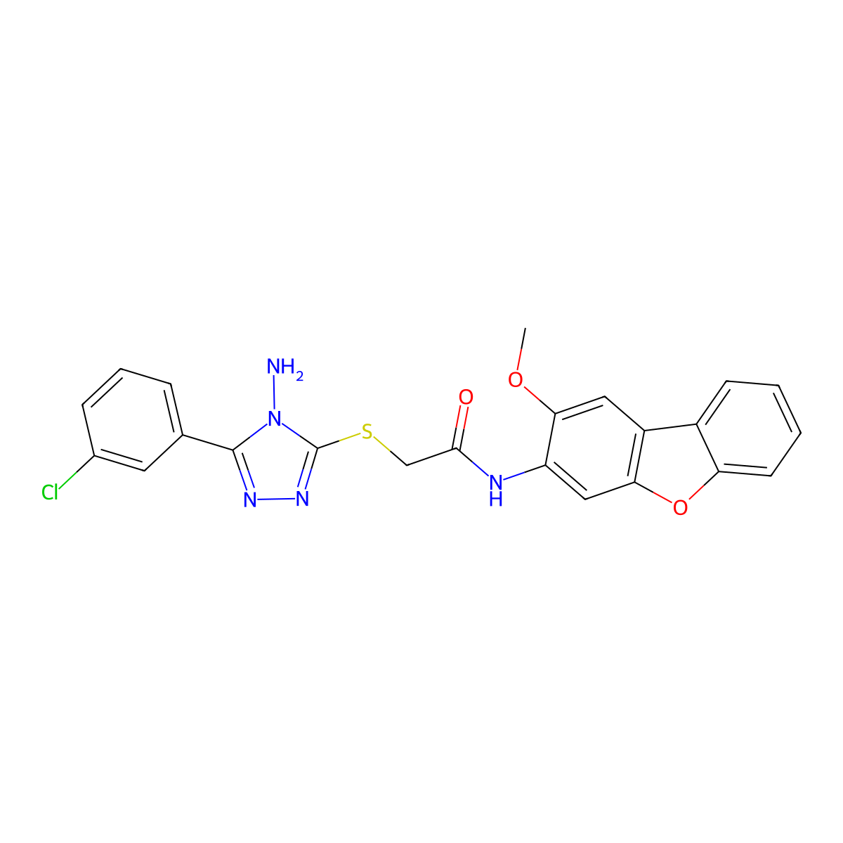 2-((4-amino-5-(3-chlorophenyl)-4H-1,2,4-triazol-3-yl)thio)-N-(2-methoxydibenzo[b,d]furan-3-yl)acetamide molecular structure, CAS 587005-46-7