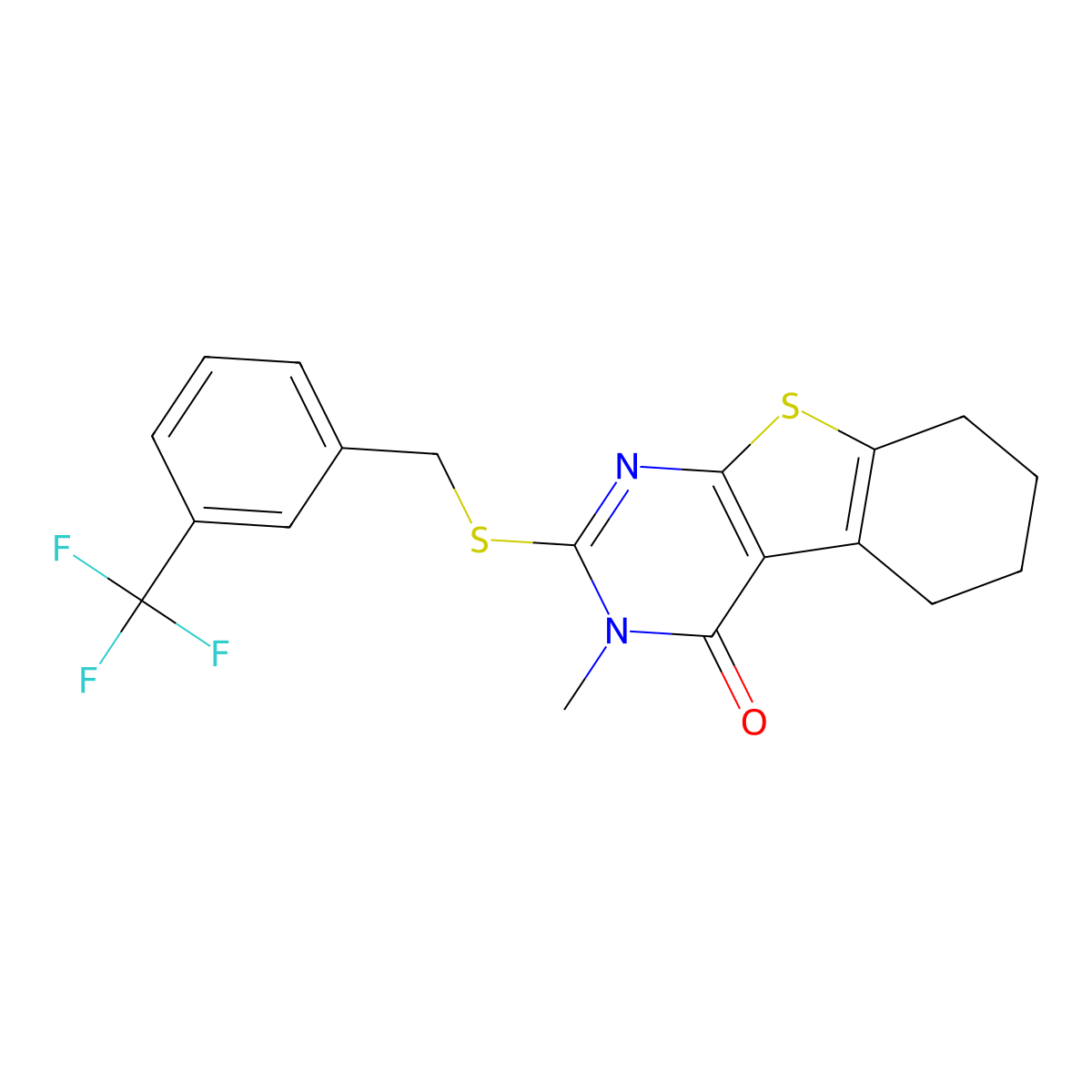3-methyl-2-{[3-(trifluoromethyl)benzyl]sulfanyl}-5,6,7,8-tetrahydro[1]benzothieno[2,3-d]pyrimidin-4(3H)-one molecular structure, CAS 587005-78-5