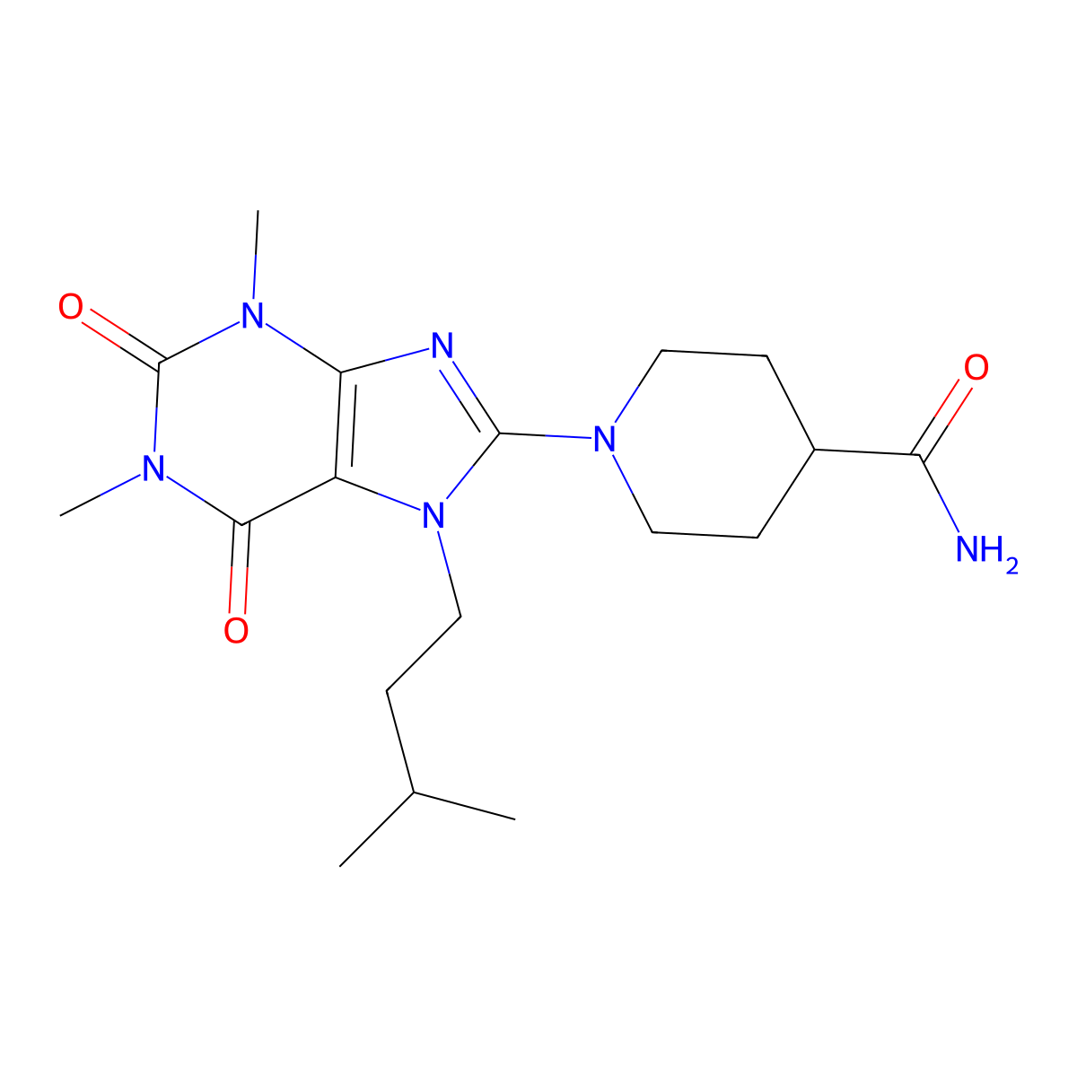 1-(7-isopentyl-1,3-dimethyl-2,6-dioxo-2,3,6,7-tetrahydro-1H-purin-8-yl)piperidine-4-carboxamide molecular structure, CAS 587005-92-3