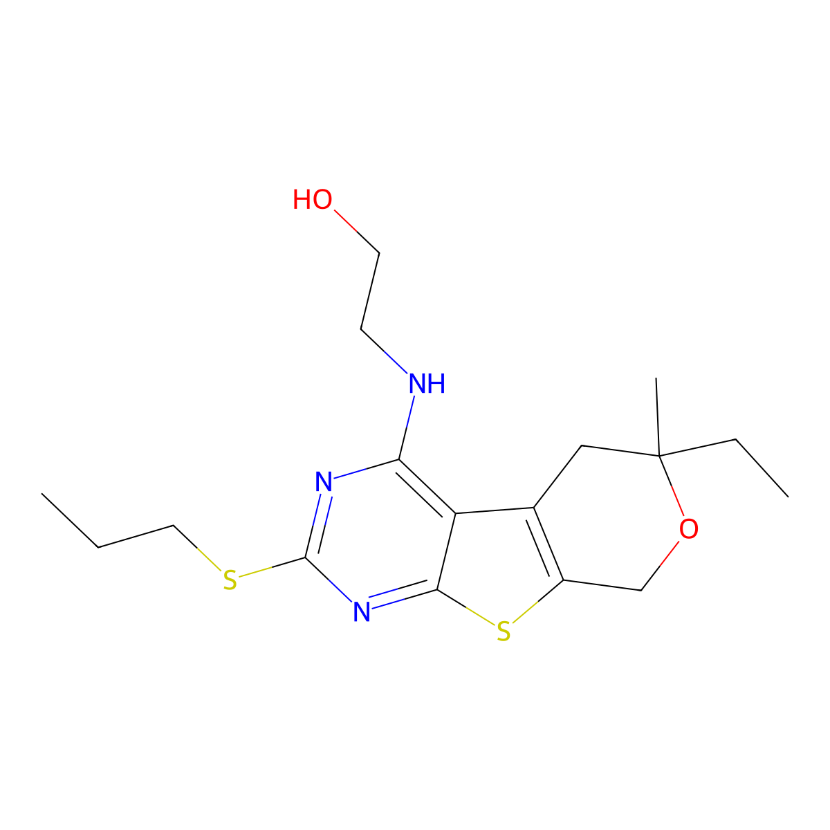 2-[(6-Ethyl-6-methyl-2-propylsulfanyl-5,8-dihydropyrano[4,5]thieno[1,2-c]pyrimidin-4-yl)amino]ethanol molecular structure, CAS 587005-98-9