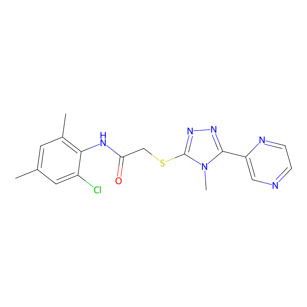 N-(2-chloro-4,6-dimethylphenyl)-2-{[4-methyl-5-(pyrazin-2-yl)-4H-1,2,4-triazol-3-yl]sulfanyl}acetamide molecular structure, CAS 587006-43-7