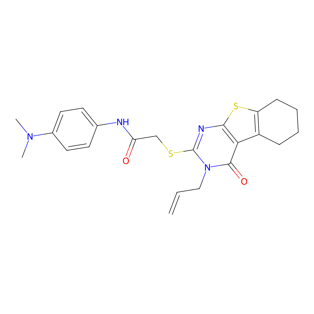 N-[4-(dimethylamino)phenyl]-2-(4-oxo-3-prop-2-enyl(3,5,6,7,8-pentahydrobenzo[b]thiopheno[2,3-d]pyrimidin-2-ylthio))acetamide molecular structure, CAS 587006-90-4