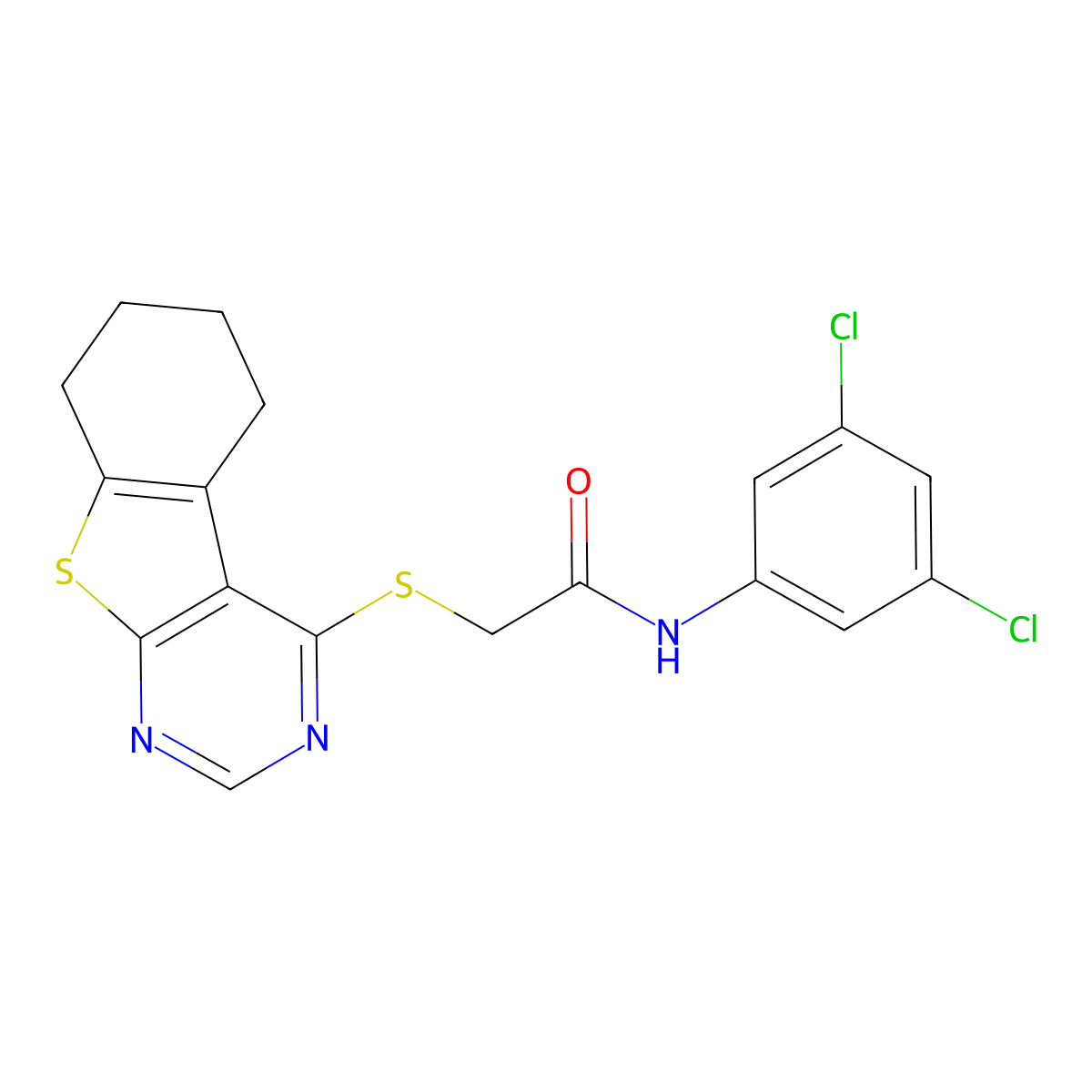 N-(3,5-dichlorophenyl)-2-(5,6,7,8-tetrahydro[1]benzothieno[2,3-d]pyrimidin-4-ylsulfanyl)acetamide molecular structure, CAS 587007-08-7