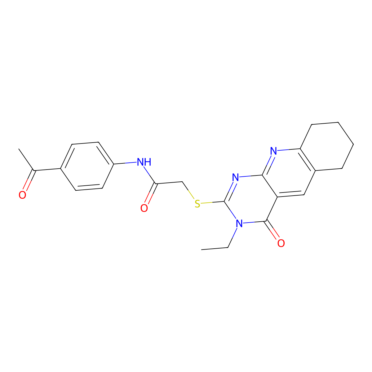 N-(4-acetylphenyl)-2-[(3-ethyl-4-oxo-6,7,8,9-tetrahydropyrimido[4,5-b]quinolin-2-yl)sulfanyl]acetamide molecular structure, CAS 587007-30-5