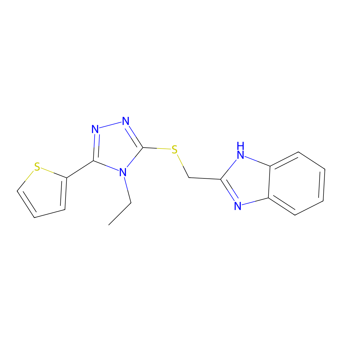 2-({[4-ethyl-5-(thiophen-2-yl)-4H-1,2,4-triazol-3-yl]sulfanyl}methyl)-1H-benzimidazole molecular structure, CAS 587007-39-4