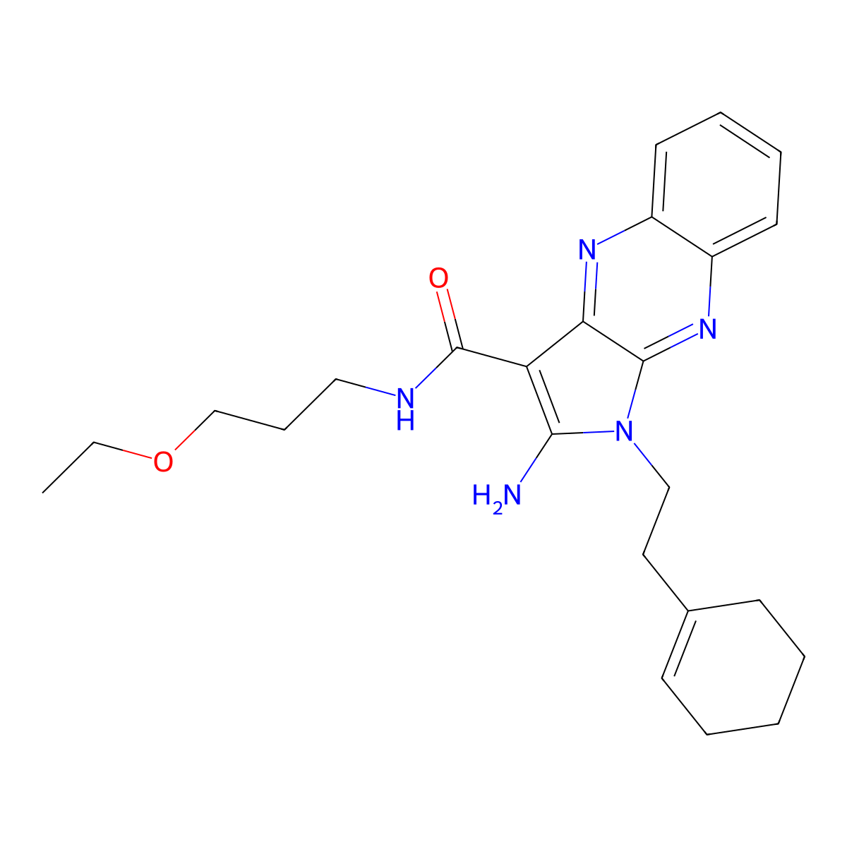 2-amino-1-(2-(cyclohex-1-en-1-yl)ethyl)-N-(3-ethoxypropyl)-1H-pyrrolo[2,3-b]quinoxaline-3-carboxamide molecular structure, CAS 587007-47-4