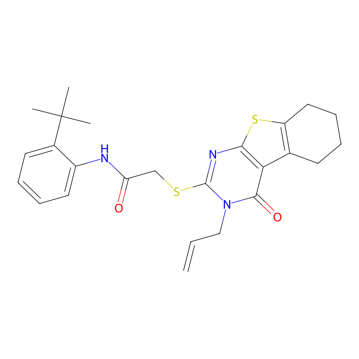N-[2-(tert-butyl)phenyl]-2-(4-oxo-3-prop-2-enyl(3,5,6,7,8-pentahydrobenzo[b]th iopheno[2,3-d]pyrimidin-2-ylthio))acetamide molecular structure, CAS 587007-62-3