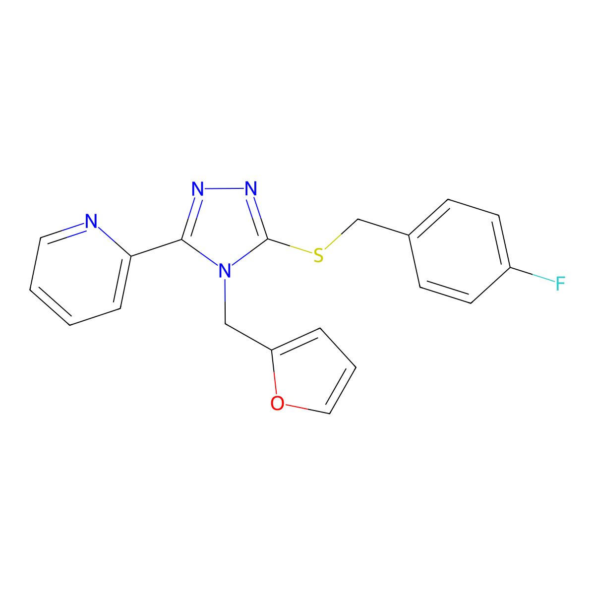 3-[(4-Fluorophenyl)methylthio]-4-(2-furylmethyl)-5-(2-pyridyl)-1,2,4-triazole molecular structure, CAS 587007-63-4