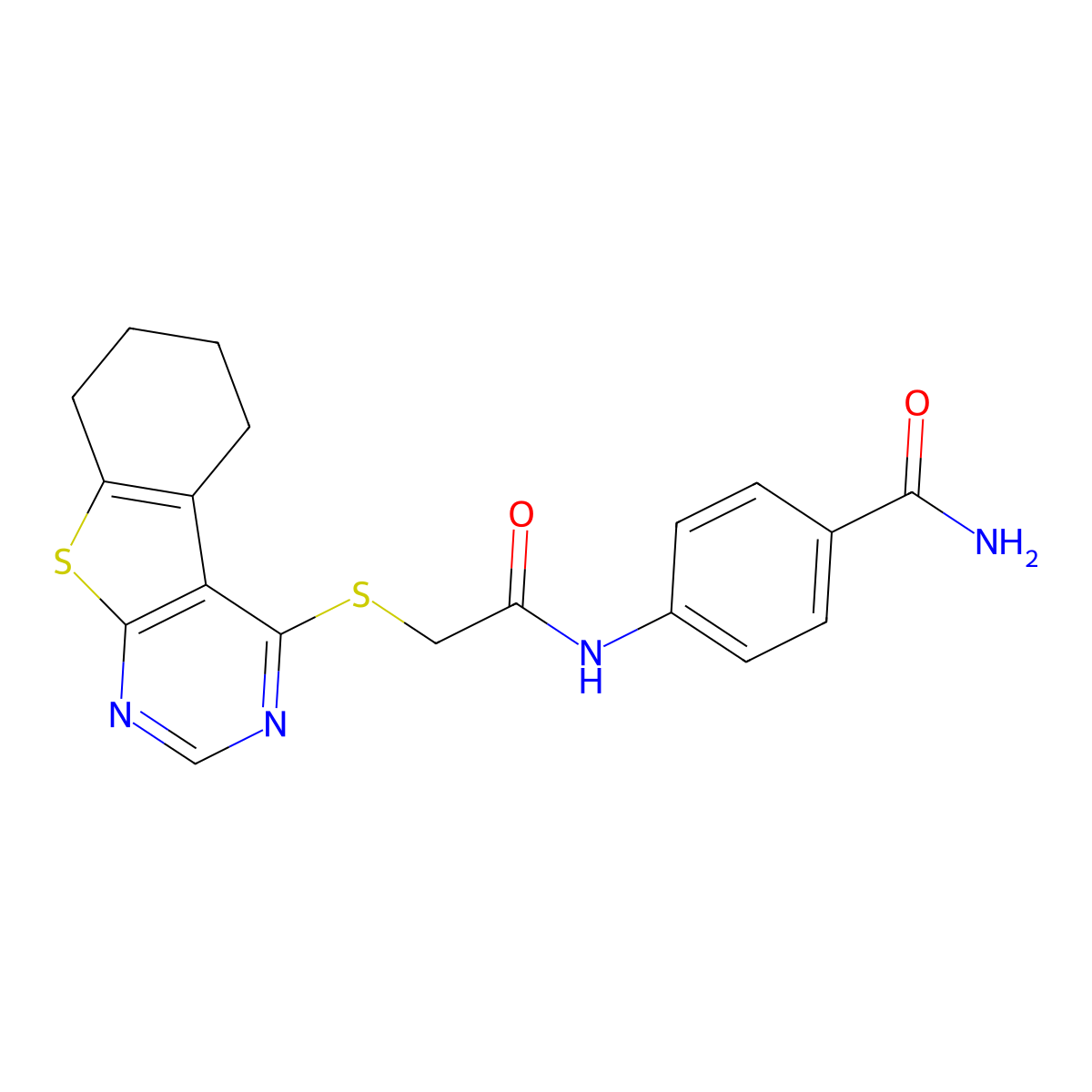 4-{[(5,6,7,8-Tetrahydro[1]benzothieno[2,3-d]pyrimidin-4-ylsulfanyl)acetyl]amino}benzamide molecular structure, CAS 587007-89-4