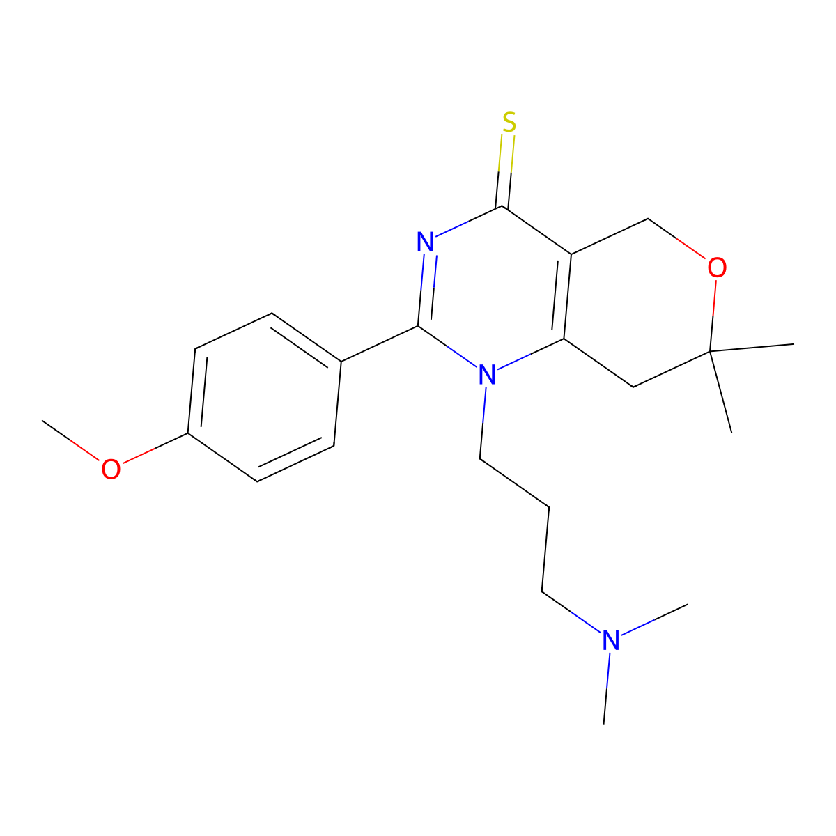 1-[3-(Dimethylamino)propyl]-2-(4-methoxyphenyl)-7,7-dimethyl-5,8-dihydropyrano[4,3-d]pyrimidine-4-thione molecular structure, CAS 587008-02-4