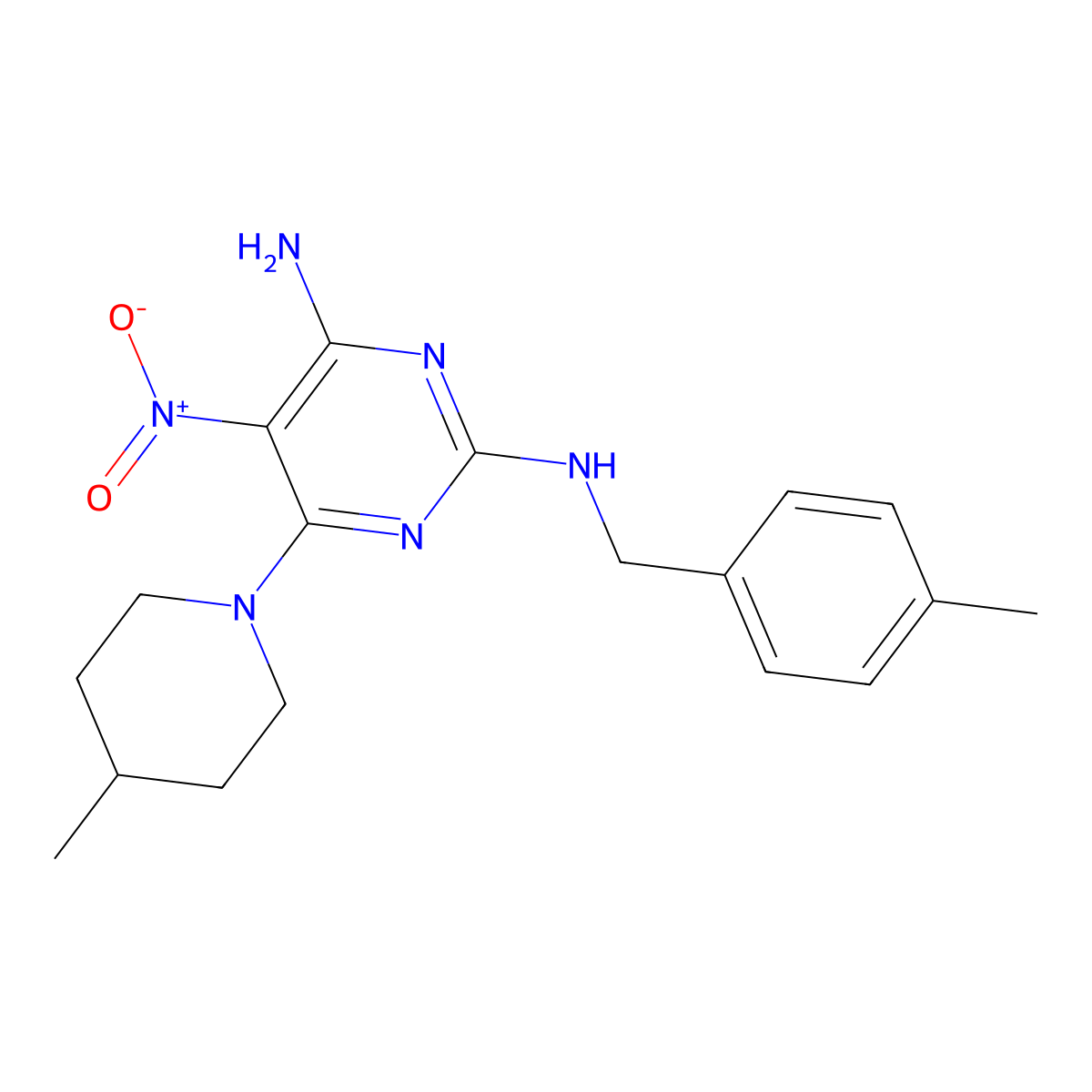 N2-(4-methylbenzyl)-6-(4-methylpiperidin-1-yl)-5-nitropyrimidine-2,4-diamine molecular structure, CAS 587008-28-4