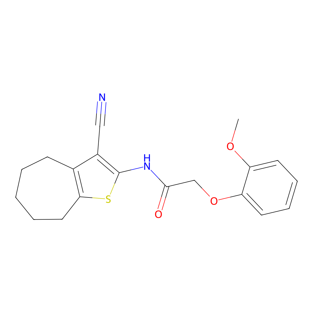 N-(3-cyano-5,6,7,8-tetrahydro-4H-cyclohepta[b]thiophen-2-yl)-2-(2-methoxyphenoxy)acetamide molecular structure, CAS 587008-36-4