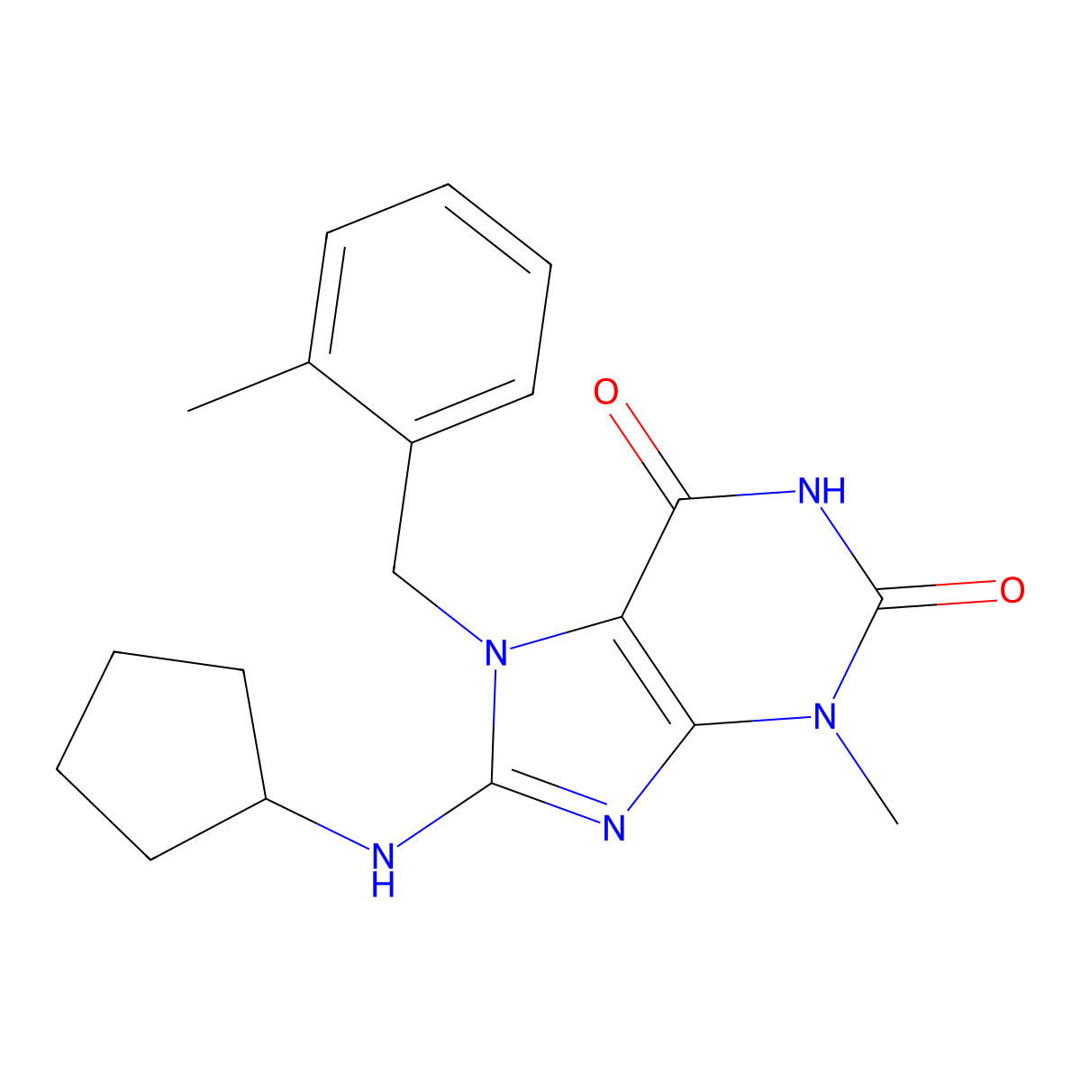 8-Cyclopentylamino-3-methyl-7-(2-methyl-benzyl)-3,7-dihydro-purine-2,6-dione molecular structure, CAS 587008-44-4