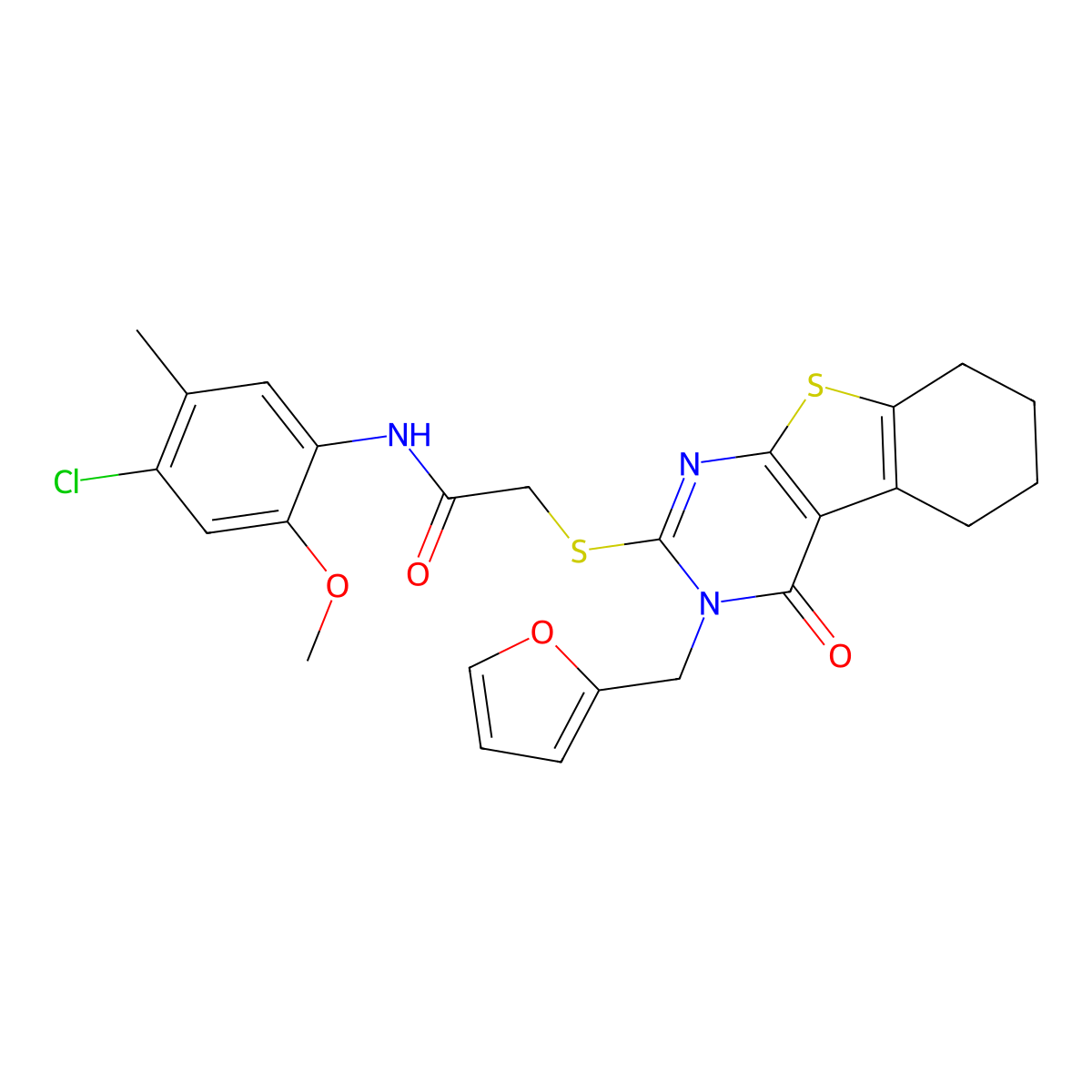 N-(4-chloro-2-methoxy-5-methylphenyl)-2-[3-(2-furylmethyl)-4-oxo(3,5,6,7,8-pen tahydrobenzo[b]thiopheno[2,3-d]pyrimidin-2-ylthio)]acetamide molecular structure, CAS 587008-95-5