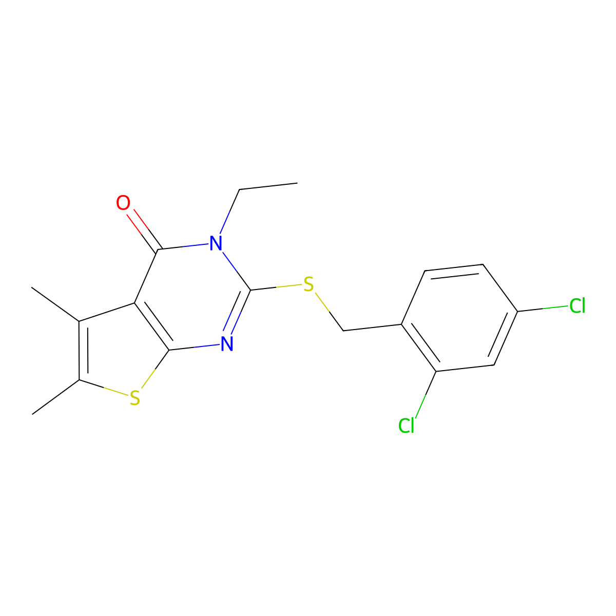 2-((2,4-Dichlorobenzyl)thio)-3-ET-5,6-dimethylthieno(2,3-D)pyrimidin-4(3H)-one molecular structure, CAS 587008-96-6