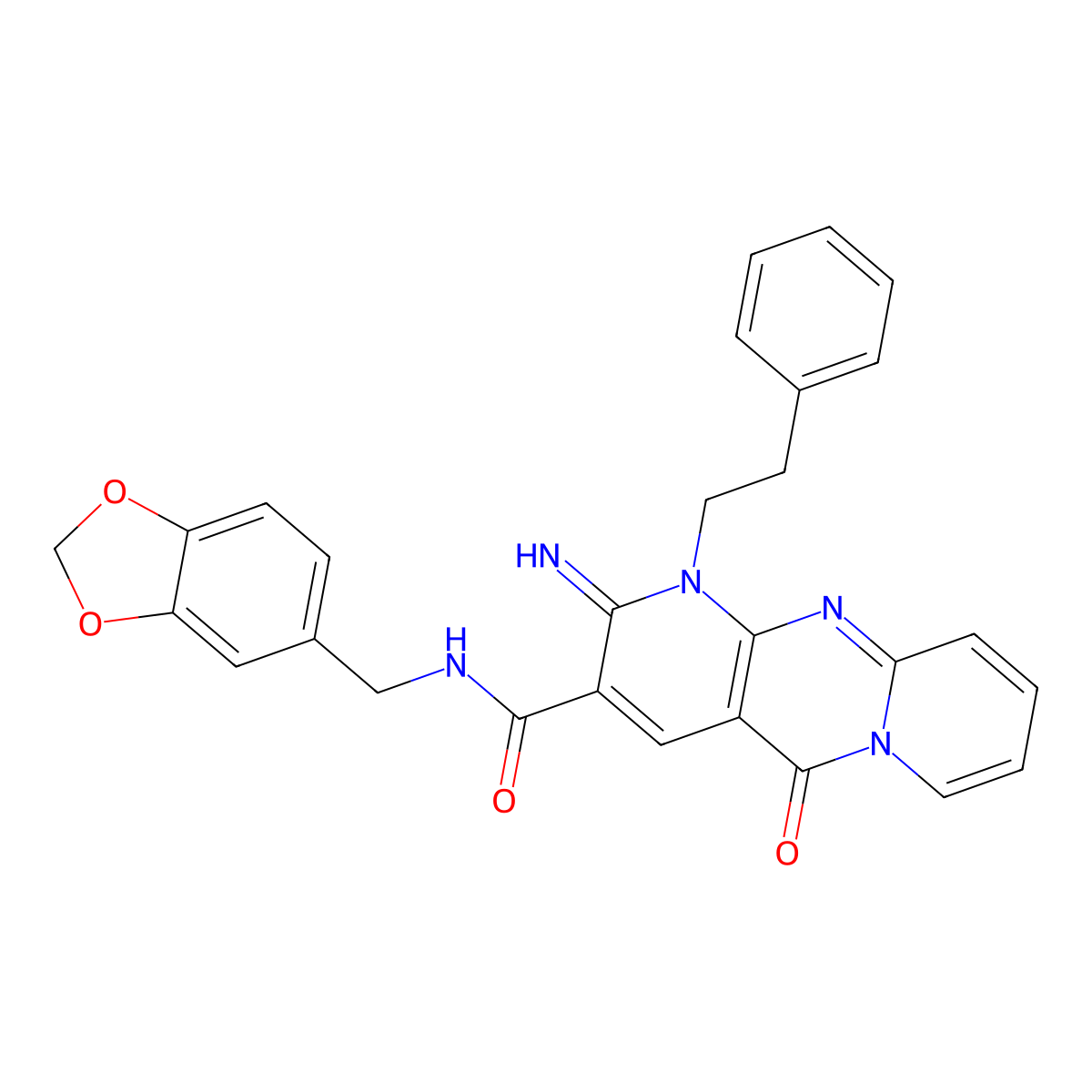 N-(1,3-Benzodioxol-5-ylmethyl)-6-imino-2-oxo-7-(2-phenylethyl)-1,7,9-triazatricyclo[8.4.0.03,8]tetradeca-3(8),4,9,11,13-pentaene-5-carboxamide molecular structure, CAS 587009-09-4