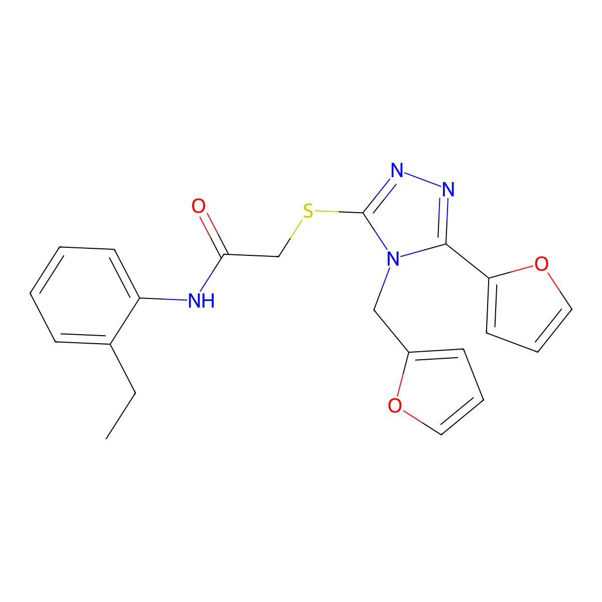 N-(2-ethylphenyl)-2-[5-(2-furyl)-4-(2-furylmethyl)(1,2,4-triazol-3-ylthio)]ace tamide molecular structure, CAS 587009-21-0