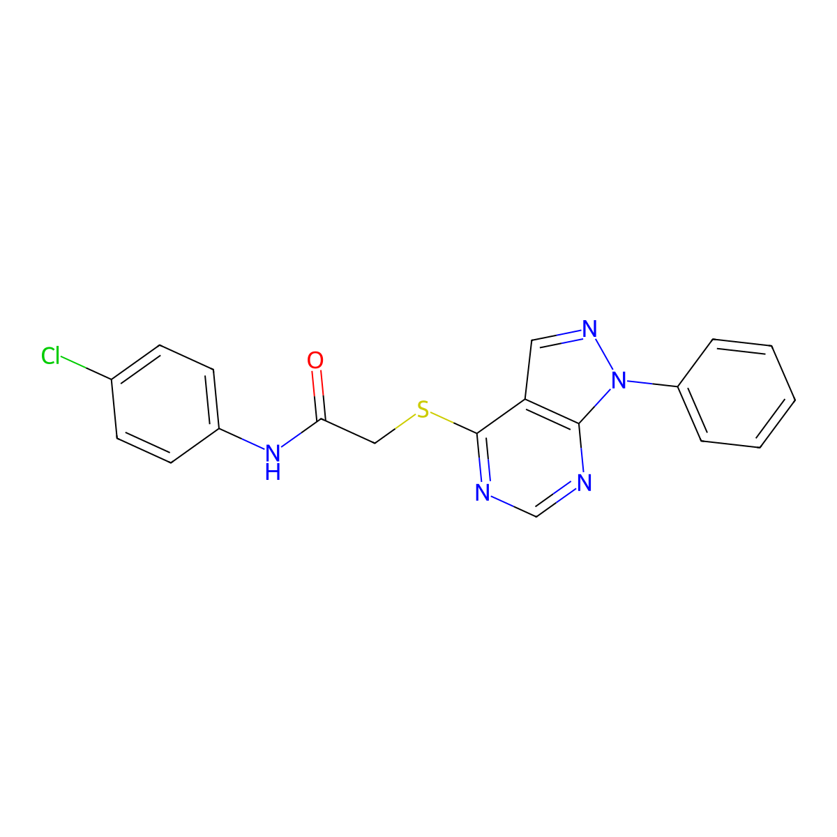 N-(4-chlorophenyl)-2-((1-phenyl-1H-pyrazolo[3,4-d]pyrimidin-4-yl)thio)acetamide molecular structure, CAS 587009-39-0