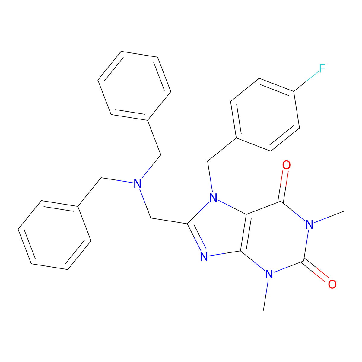 8-[(dibenzylamino)methyl]-7-(4-fluorobenzyl)-1,3-dimethyl-3,7-dihydro-1H-purine-2,6-dione molecular structure, CAS 587009-62-9