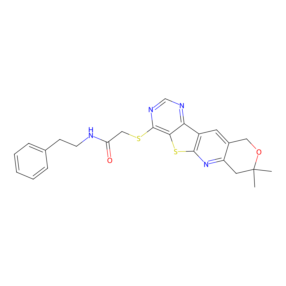 2-((8,8-dimethyl-8,10-dihydro-7H-pyrano[3'',4'':5',6']pyrido[3',2':4,5]thieno[3,2-d]pyrimidin-4-yl)thio)-N-phenethylacetamide molecular structure, CAS 587009-77-6