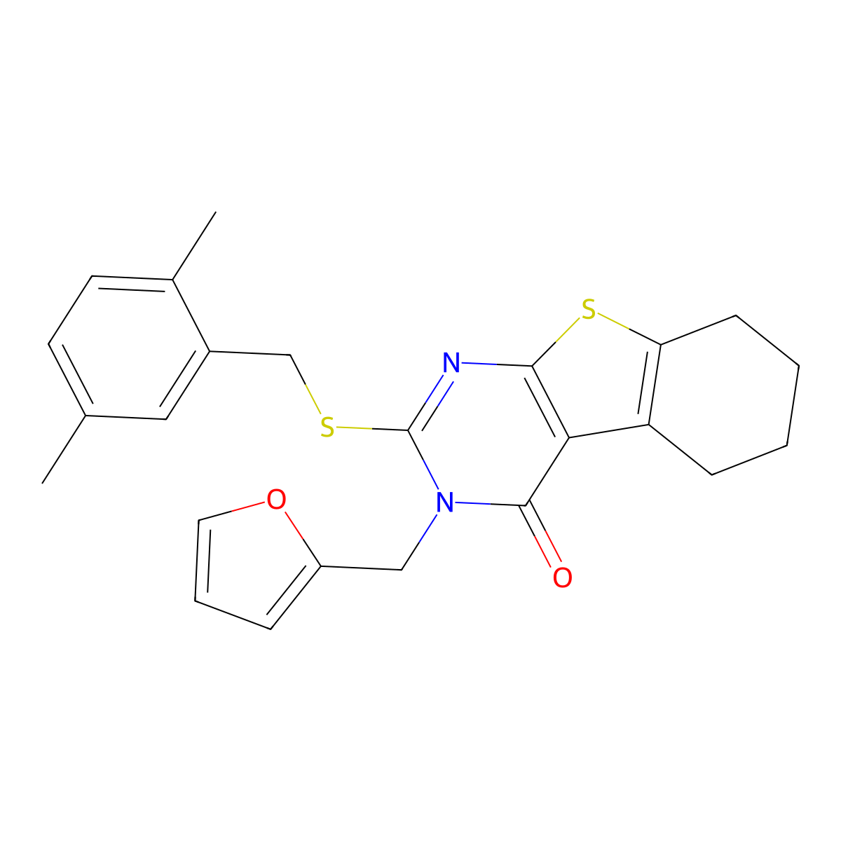 2-[(2,5-dimethylbenzyl)sulfanyl]-3-(furan-2-ylmethyl)-5,6,7,8-tetrahydro[1]benzothieno[2,3-d]pyrimidin-4(3H)-one molecular structure, CAS 587009-89-0