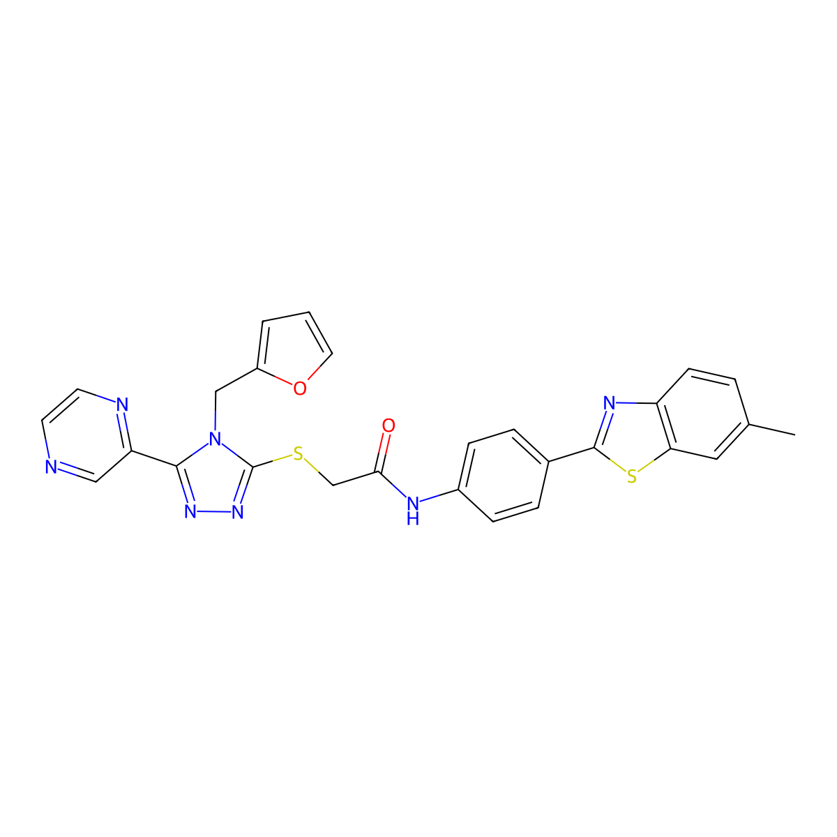 2-{[4-(furan-2-ylmethyl)-5-(pyrazin-2-yl)-4H-1,2,4-triazol-3-yl]sulfanyl}-N-[4-(6-methyl-1,3-benzothiazol-2-yl)phenyl]acetamide molecular structure, CAS 587010-04-6