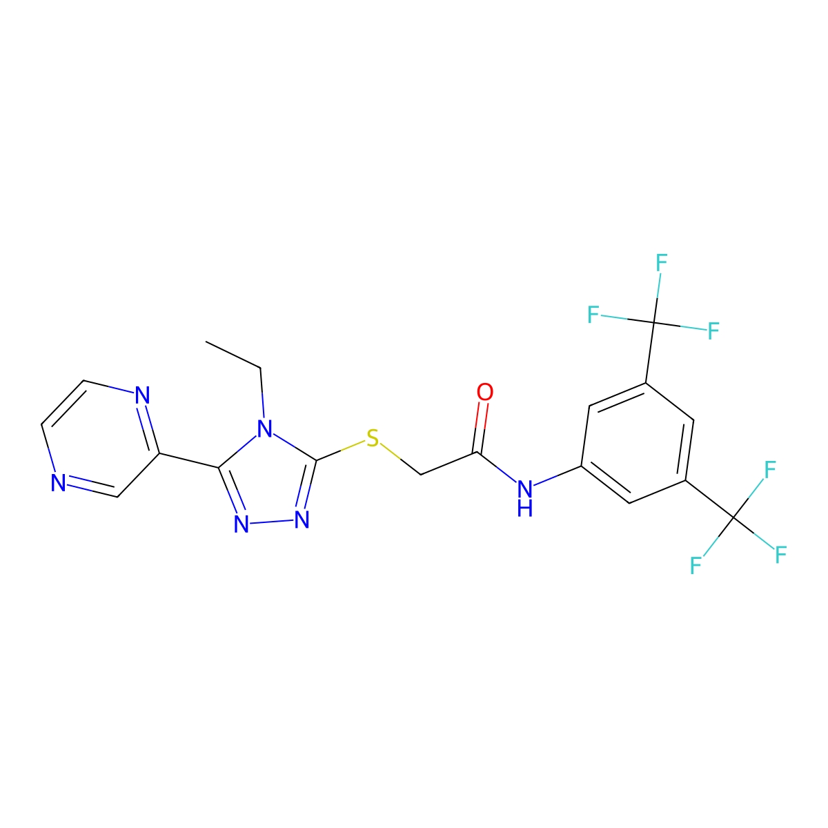 N-(3,5-Bis(trifluoromethyl)phenyl)-2-((4-ethyl-5-(2-pyrazinyl)-4H-1,2,4-triazol-3-YL)sulfanyl)acetamide molecular structure, CAS 587010-29-5