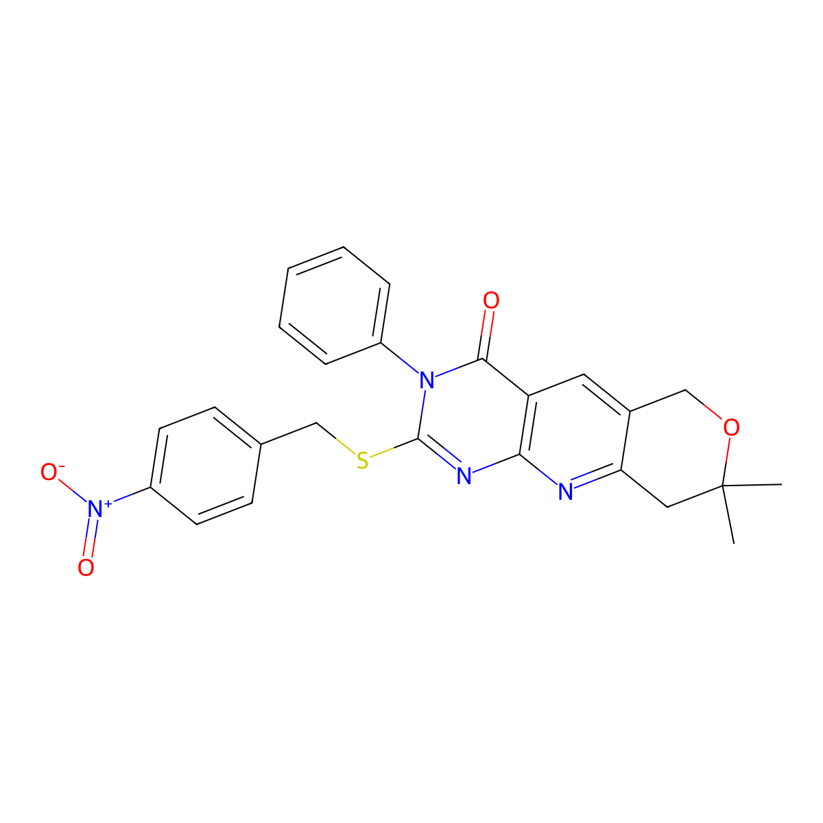8,8-Dimethyl-2-[(4-nitrophenyl)methylsulfanyl]-3-phenyl-6,9-dihydropyrano[3,4]pyrido[3,5-b]pyrimidin-4-one molecular structure, CAS 587010-32-0