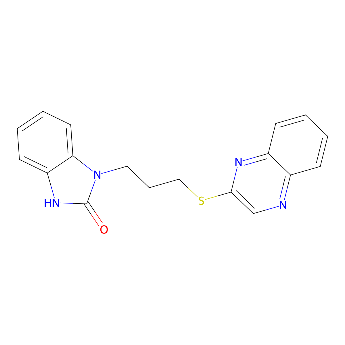 1-[3-(quinoxalin-2-ylsulfanyl)propyl]-1,3-dihydro-2H-benzimidazol-2-one molecular structure, CAS 587010-50-2
