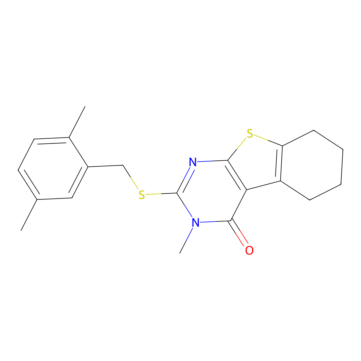 2-[(2,5-dimethylbenzyl)sulfanyl]-3-methyl-5,6,7,8-tetrahydro[1]benzothieno[2,3-d]pyrimidin-4(3H)-one molecular structure, CAS 587010-89-7