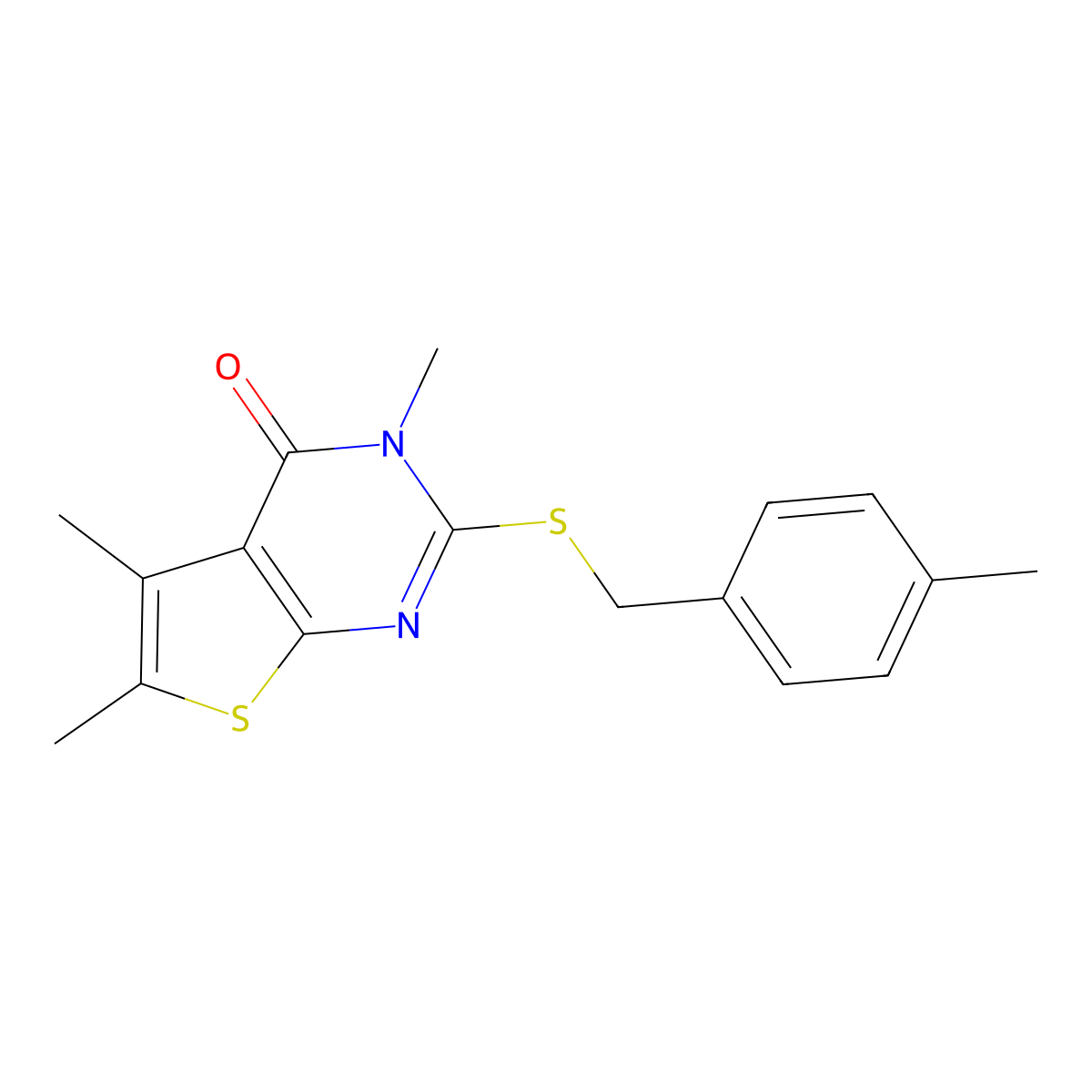 3,5,6-trimethyl-2-[(4-methylbenzyl)sulfanyl]thieno[2,3-d]pyrimidin-4(3H)-one molecular structure, CAS 587011-05-0