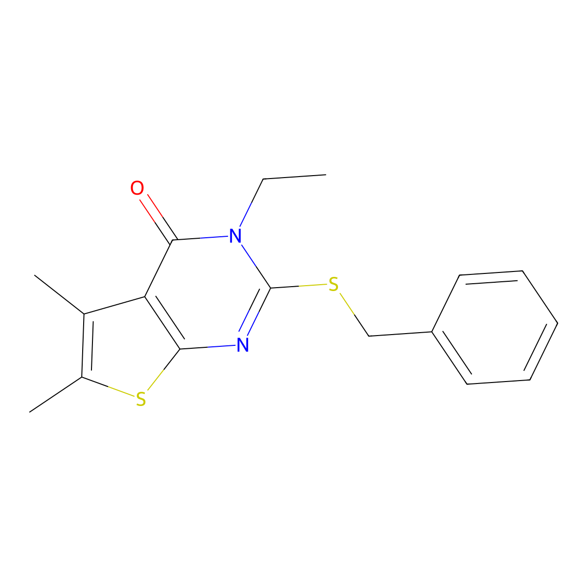 2-(Benzylthio)-3-ethyl-5,6-dimethylthieno(2,3-D)pyrimidin-4(3H)-one molecular structure, CAS 587011-26-5