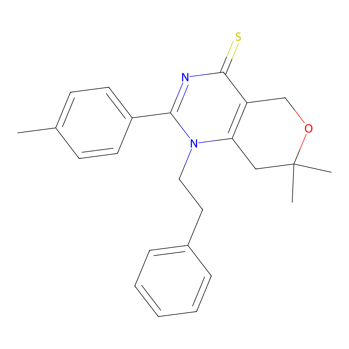 7,7-dimethyl-2-(4-methylphenyl)-1-(2-phenylethyl)-1,5,7,8-tetrahydro-4H-pyrano[4,3-d]pyrimidine-4-thione molecular structure, CAS 587011-27-6