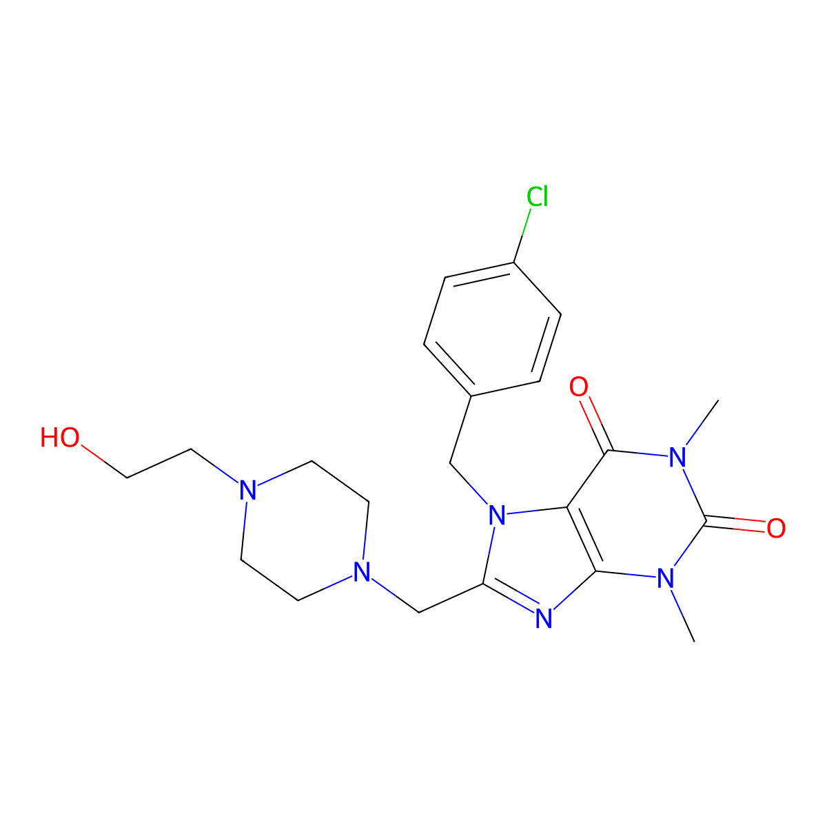 7-(4-chlorobenzyl)-8-{[4-(2-hydroxyethyl)piperazin-1-yl]methyl}-1,3-dimethyl-3,7-dihydro-1H-purine-2,6-dione molecular structure, CAS 587011-31-2
