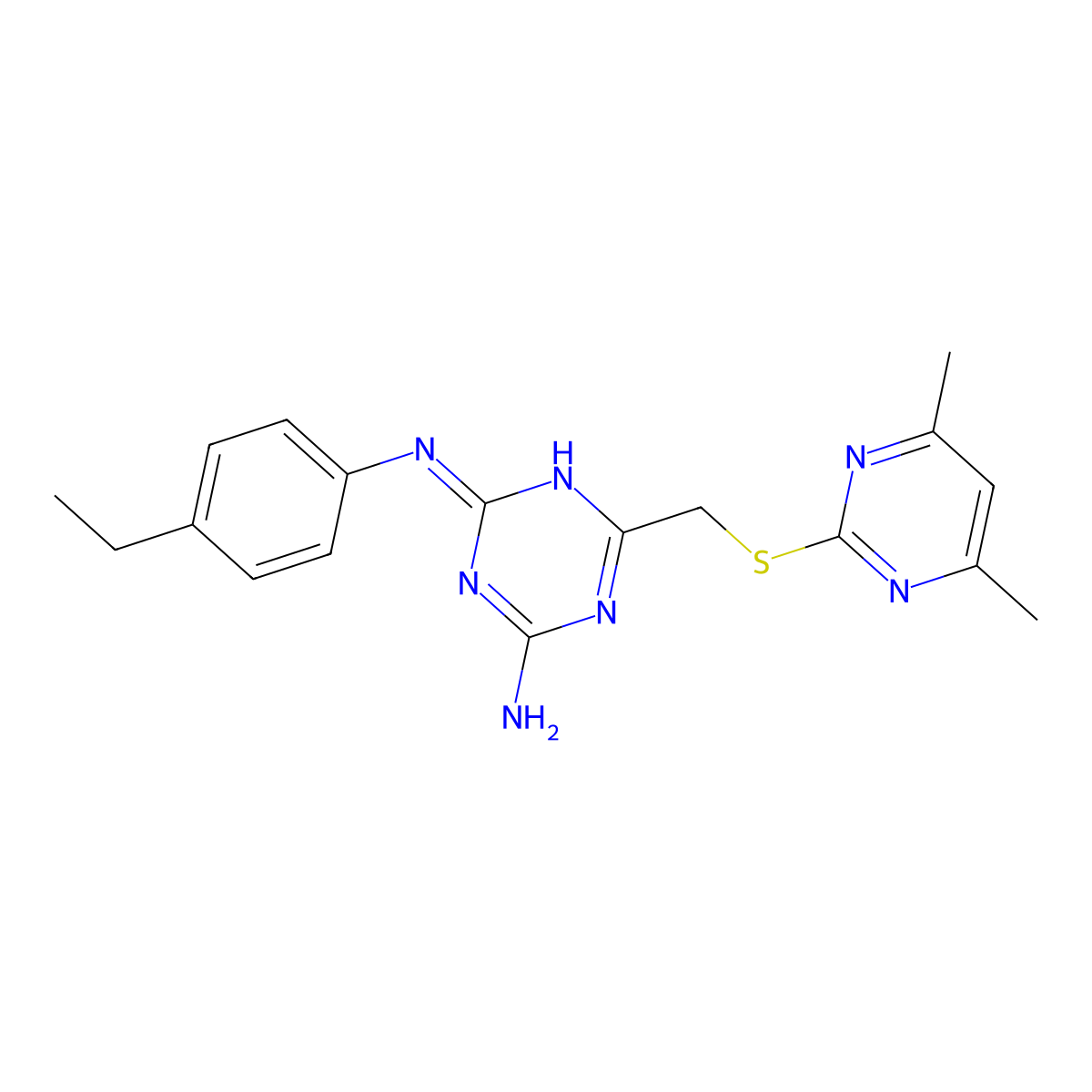 6-(((4,6-Dimethylpyrimidin-2-yl)thio)methyl)-N2-(4-ethylphenyl)-1,3,5-triazine-2,4-diamine molecular structure, CAS 587011-44-7